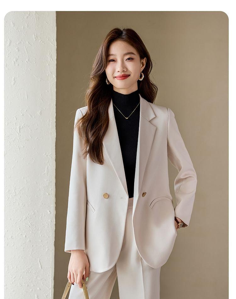 Lapel Collar Plain Double Breasted Blazer / Mid Waist Plain Wide Leg Slacks / Set Product Image