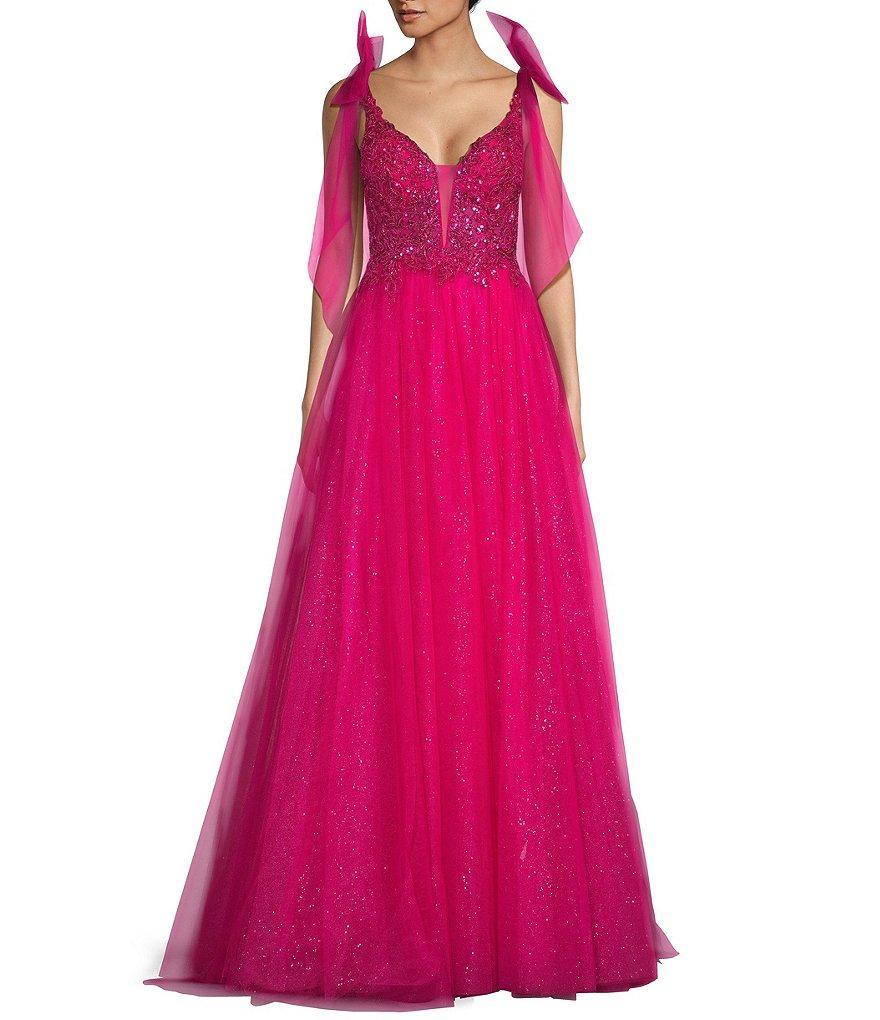 Coya Collection Bead Embellished V-Neck Tie Strap Ball Gown Product Image