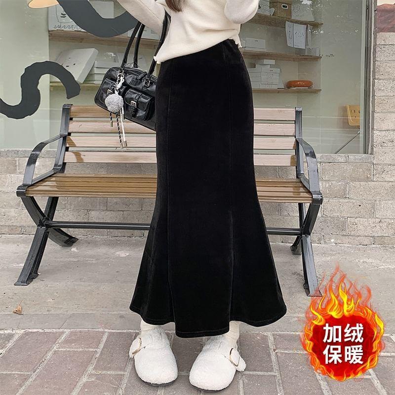 High Waist Plain Velvet Midi Fishtail Skirt Product Image