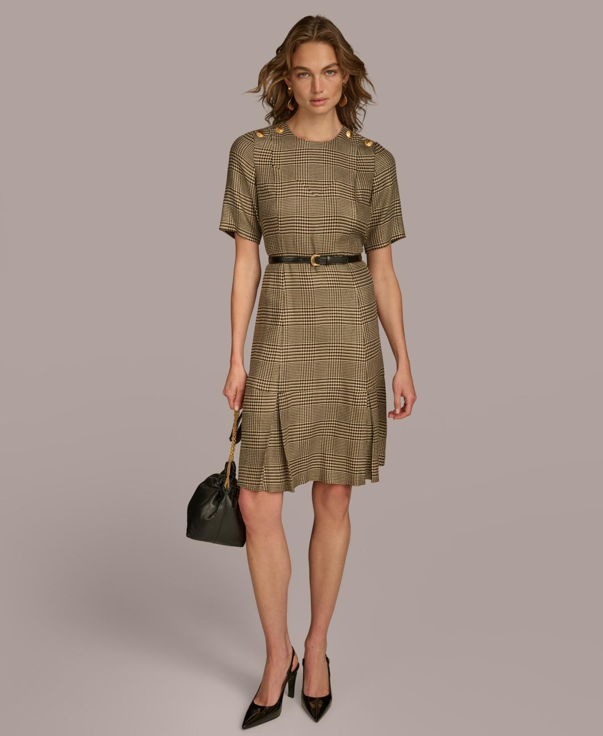 Donna Karan Womens Houndstooth Belted Short-Sleeve Dress Product Image