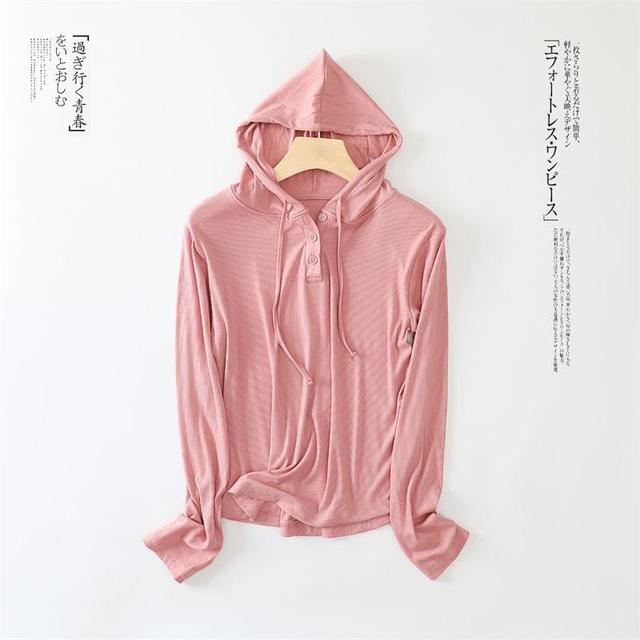 Plain Drawstring Ribbed Hoodie Product Image