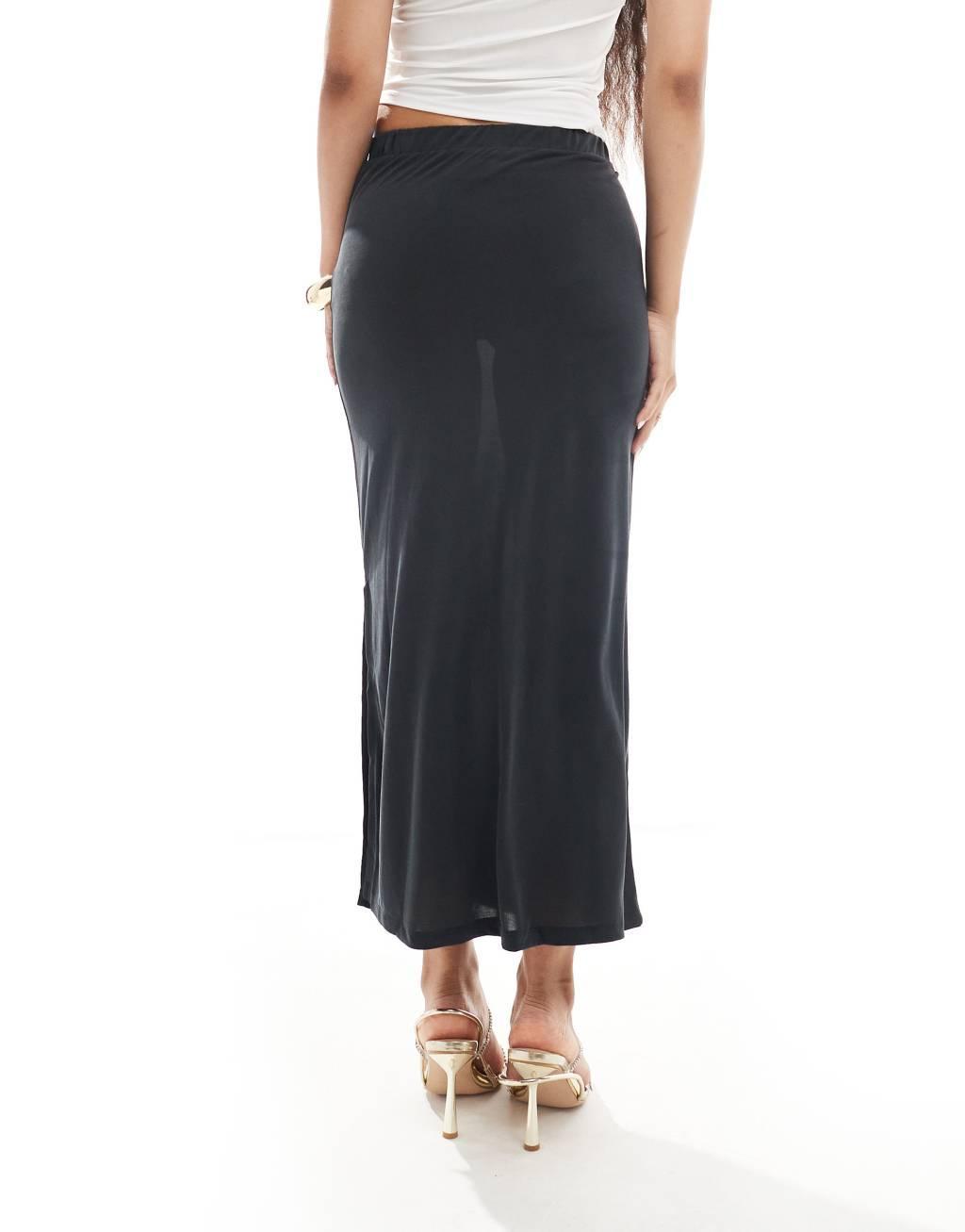 Vila Petite slinky maxi skirt with split in black product image