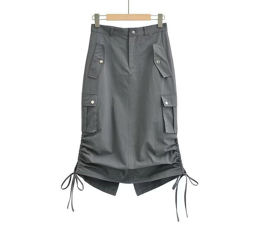 High Waist Plain Drawstring Midi Pencil Cargo Skirt Product Image