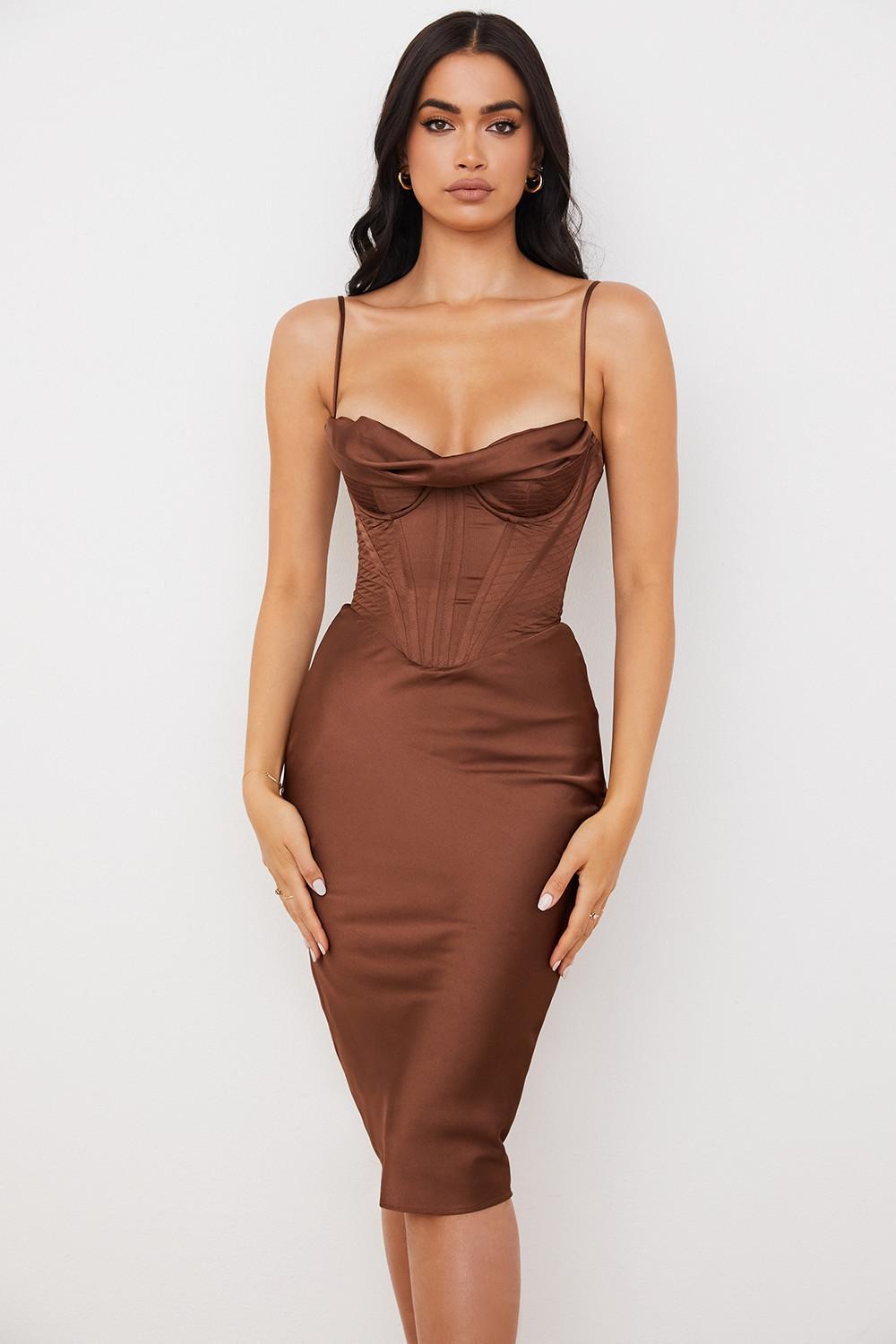 Myrna Chocolate Satin Corset Slip Dress Product Image