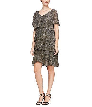 SL FASHIONS Tiered Shimmer Metallic Flutter Sleeve Dress Product Image