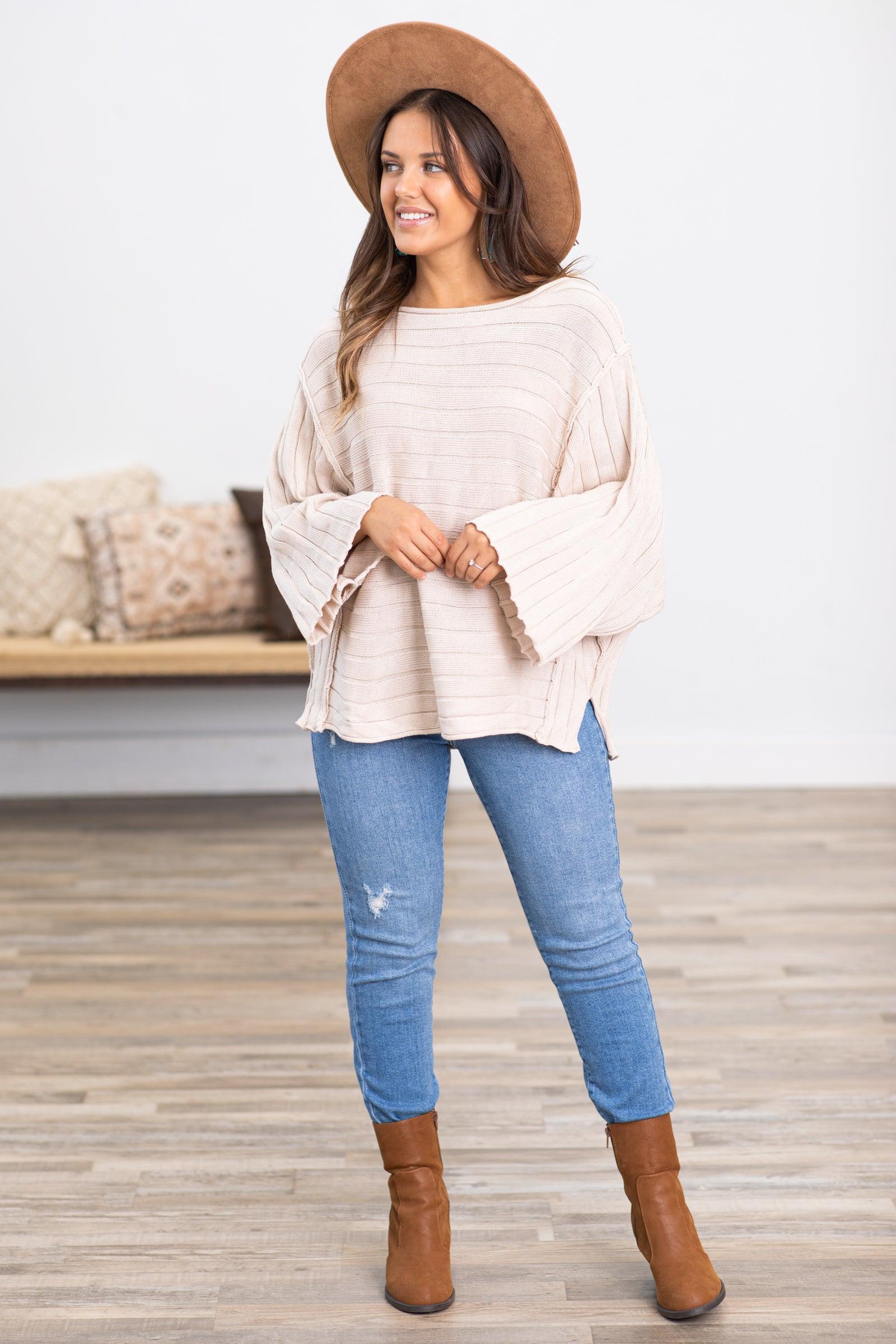 Beige Horizontal Ribbed Dolman Sleeve Top Product Image