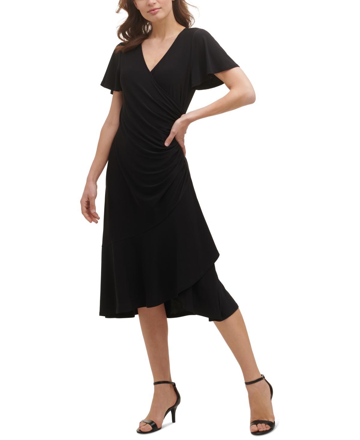 Kensie Ruched Waist Faux Wrap Surplice V-Neck Short Flutter Sleeve Midi Dress Product Image