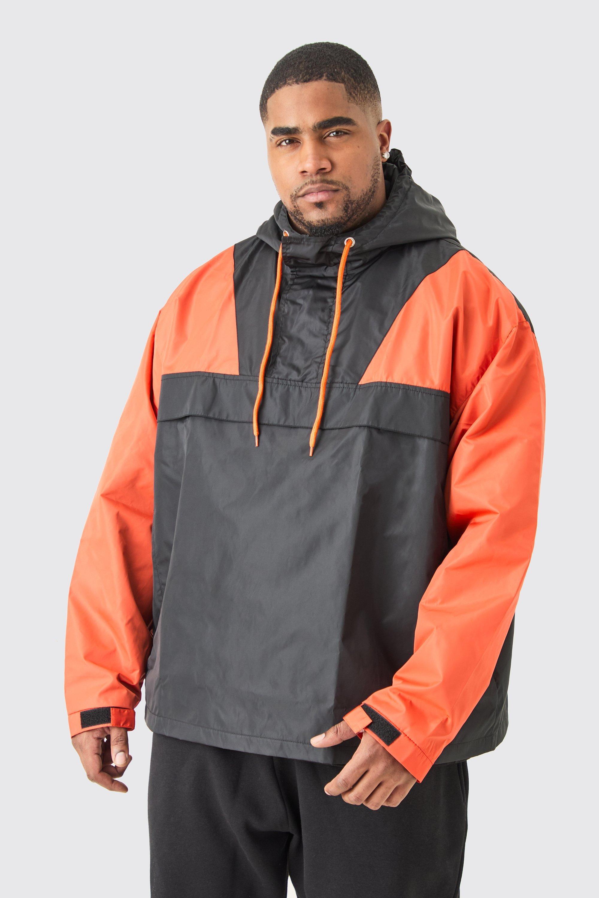 Mens Orange Plus Oversized Man Half Zip Hooded Windbreaker, Orange Product Image