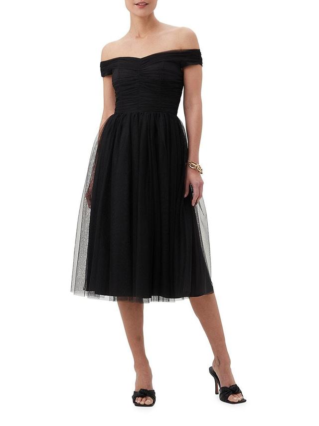 Trina Turk Renai Sweetheart Neck Off-the-Shoulder Short Sleeve A-Line Midi Tulle Dress Product Image