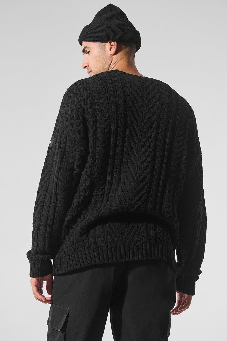 Cable Knit Crew Neck Sweater - Black Product Image