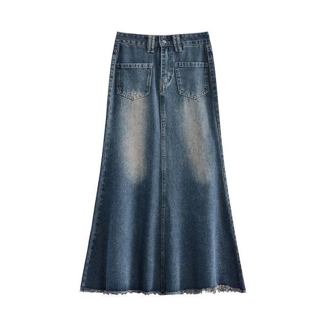 High Waist Fringed Hem Denim Maxi Mermaid Skirt Product Image