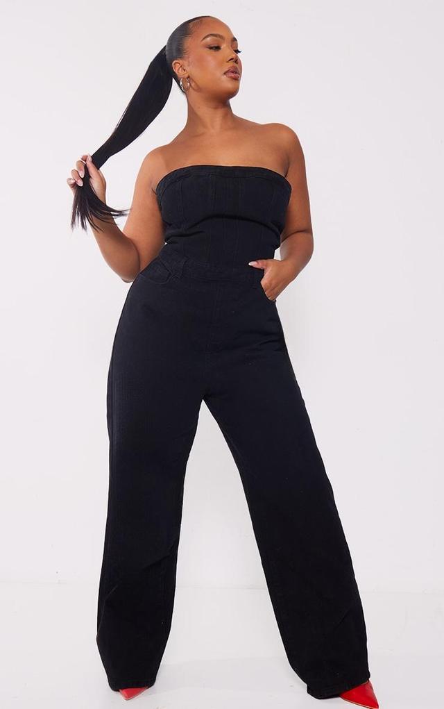 Plus Washed Black Bandeau Denim Jumpsuit Product Image