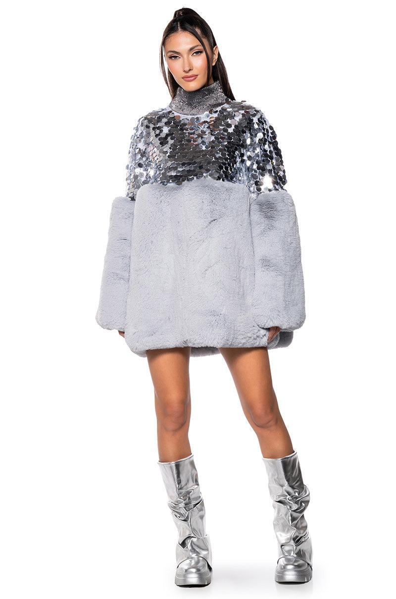 CRESSIDA SEQUIN FAUX FUR MINI DRESS Product Image