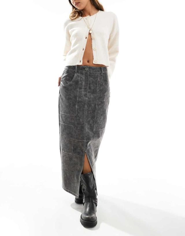 ASOS DESIGN leather look western midi skirt with contrast stitch in washed gray Product Image