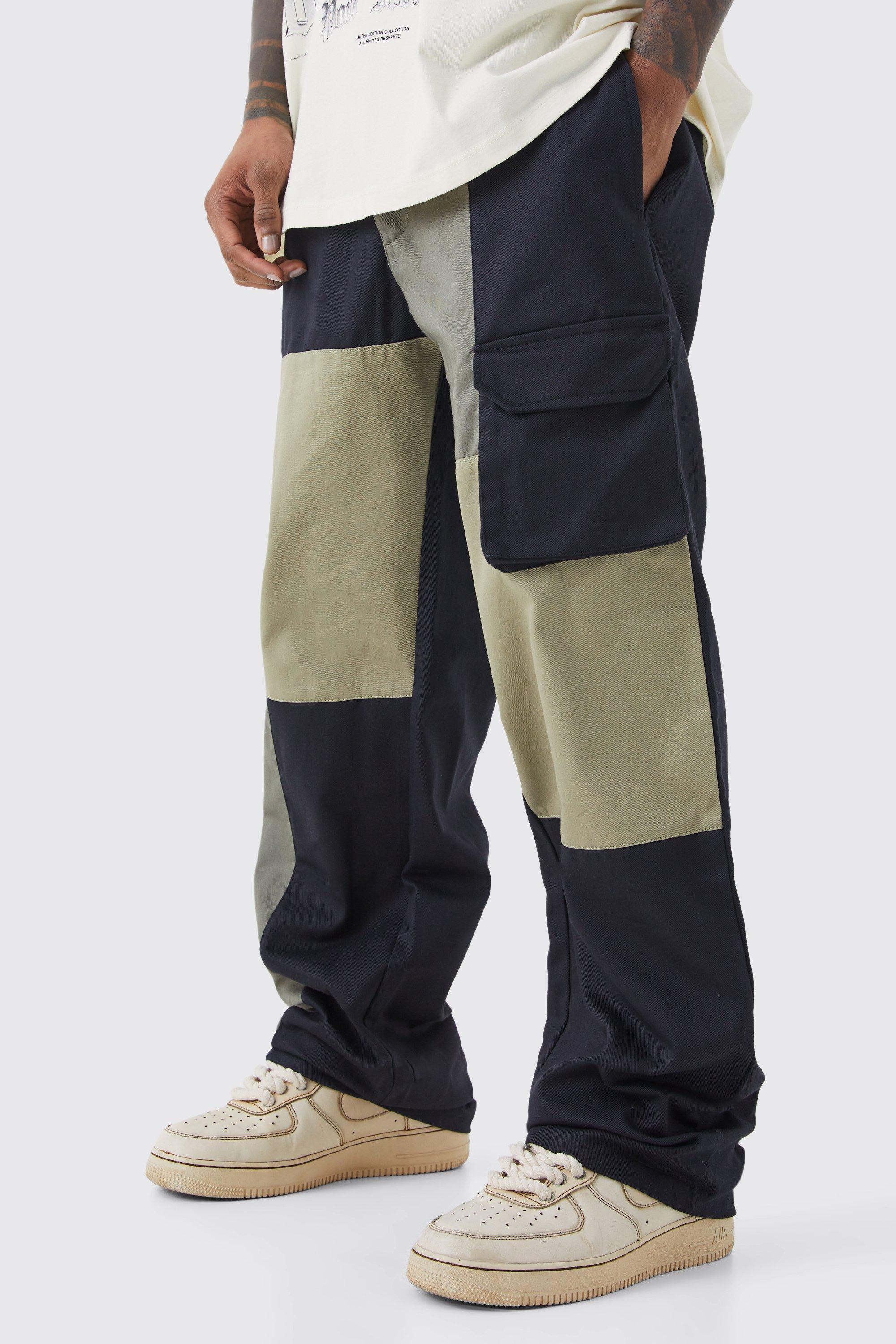 Mens Green Relaxed Fit Multi Colour Block Cargo Trouser, Green Product Image