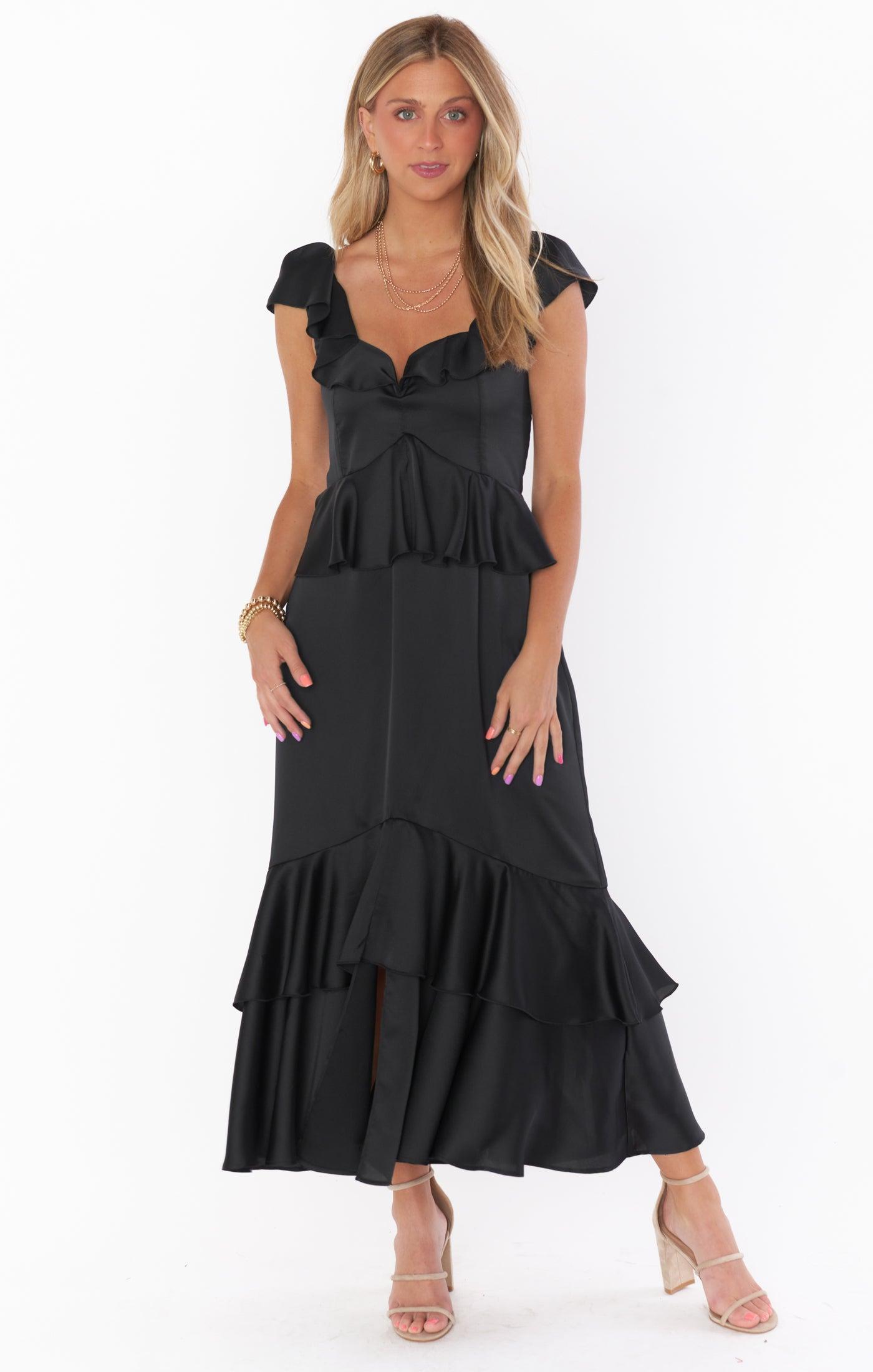 Reese Ruffle Dress ~ Black Luxe Satin product image