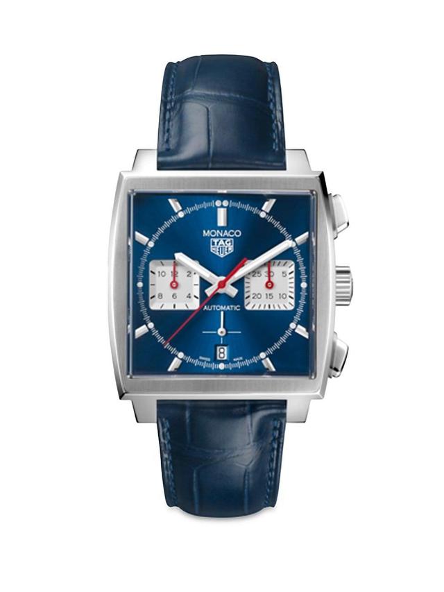 Mens Monaco Stainless Steel & Blue Dial Chronograph 39MM Alligator-Strap Watch Product Image