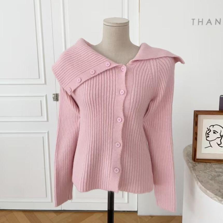 Off-Shoulder Long-Sleeve Plain Ribbed Button-Up Knit Top Product Image