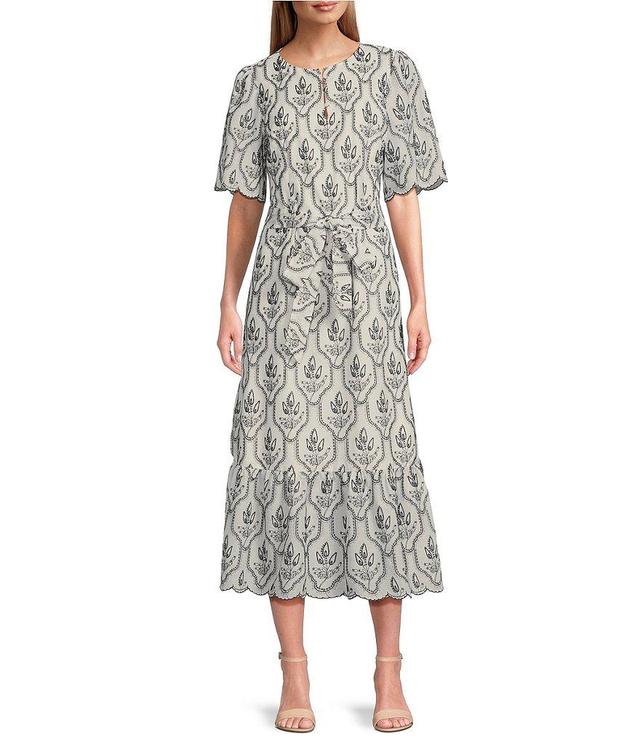 Preston & York Lisa Floral Paisley Print Short Sleeve Embroidered Round Neck Tie Waist Scallop Trim Midi Dress Product Image