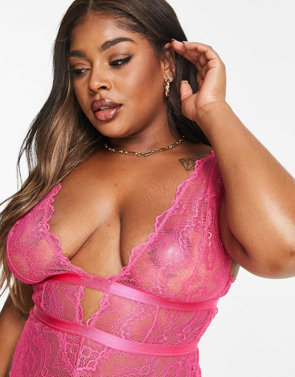 ASOS DESIGN Curve Rosie lace soft bodysuit in hot pink Product Image