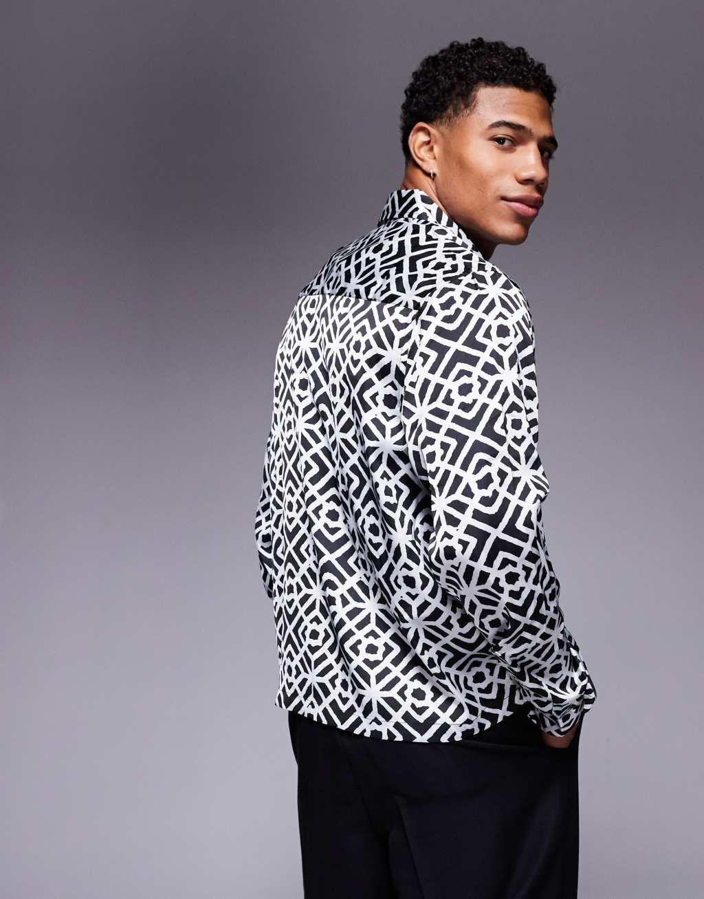 ASOS DESIGN boxy relaxed shirt with geo print in black and white Product Image