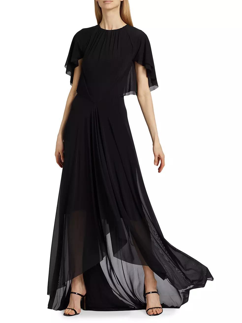 Capelet-Sleeve Stretch Tulle Gown Product Image