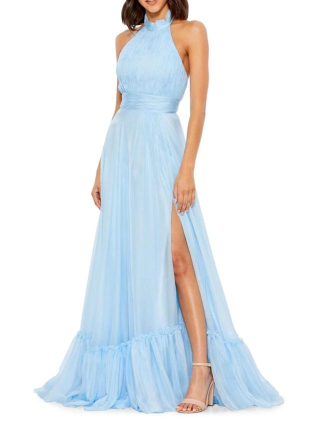 High Neck Tiered Chiffon Halter Gown In Sky Blue Product Image