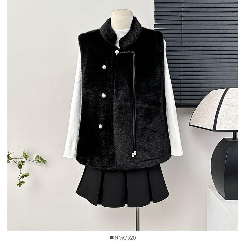 Chinese Faux-Fur Mandarin-Collar Vest Jacket Product Image