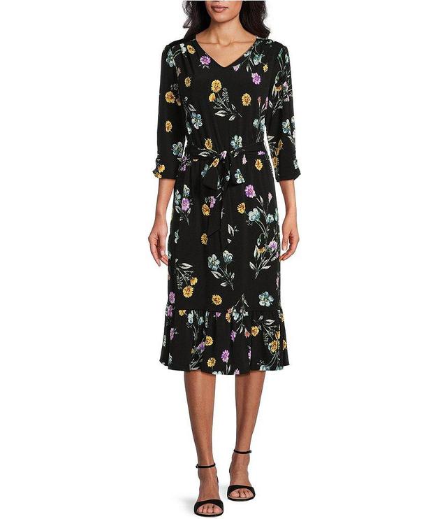 Allison Daley Floral Print 3/4 Ruched Sleeves V-Neck Ruffle Hem A-Line Midi Dress Product Image