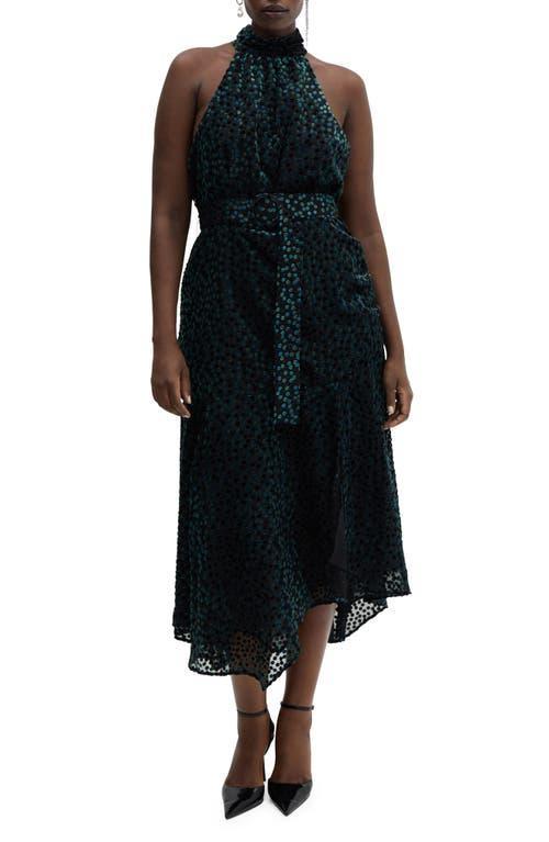 MANGO Polka Dot Belted Velvet Midi Dress Product Image