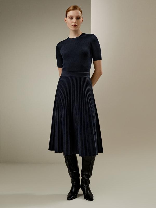 Pleated A-line Merino Wool Skirt Product Image