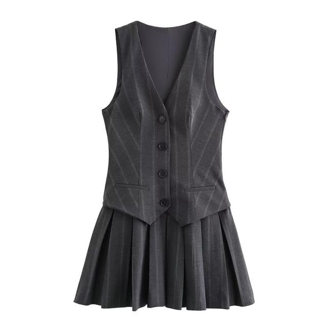 Sleeveless V-Neck Striped Pleated Mock Two Piece Button Mini A-Line Dress Product Image