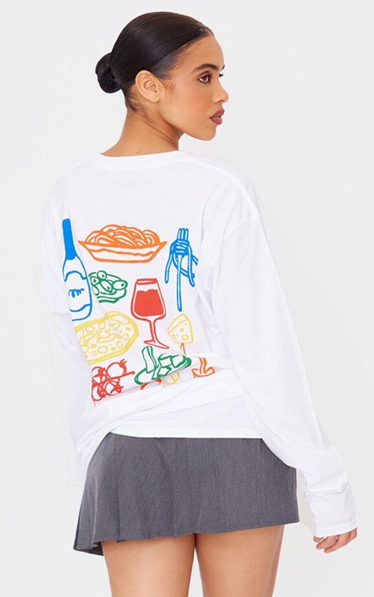 White Multi Food And Wine Graphic Oversized Long Sleeve T Shirt product image