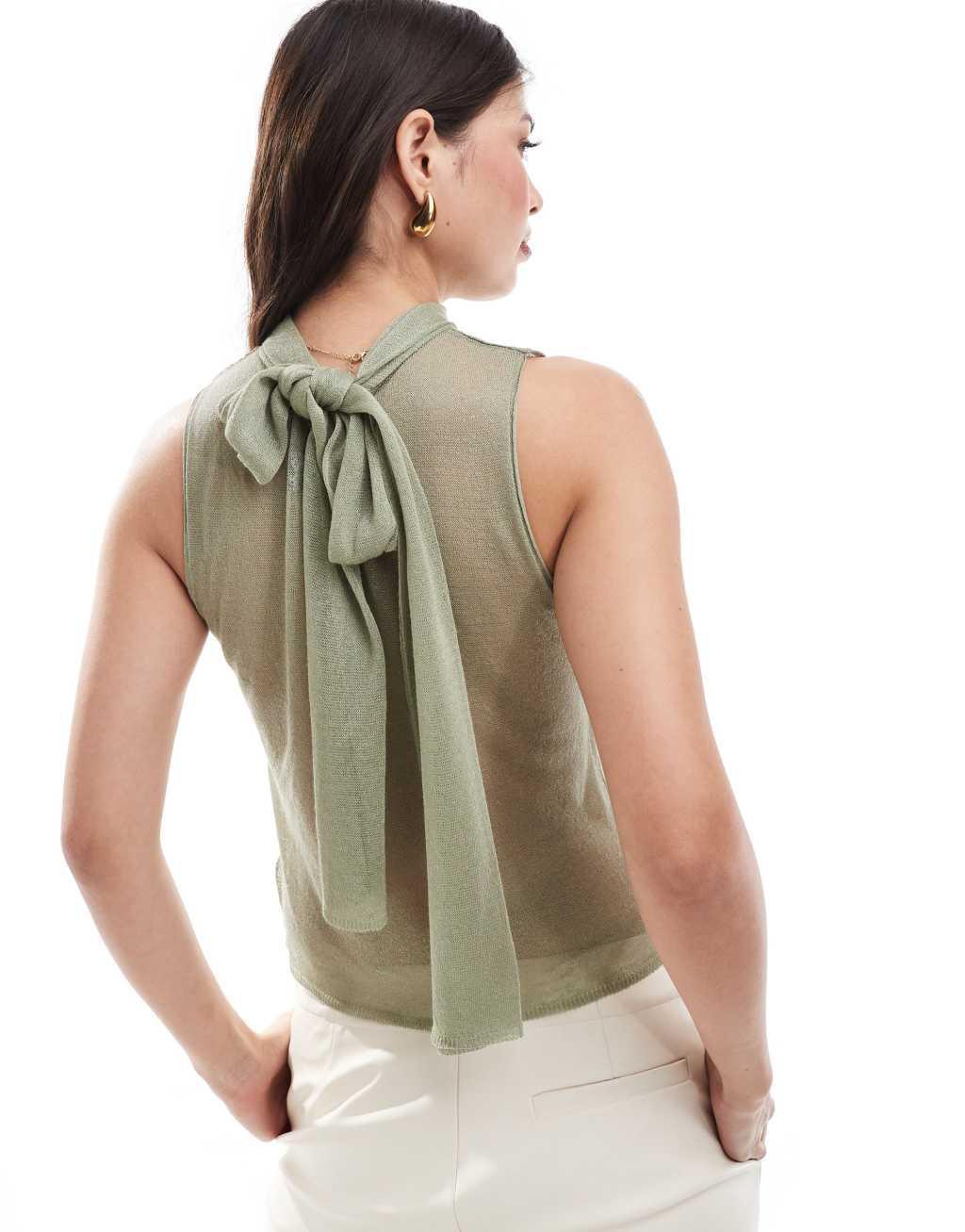 ASOS DESIGN knit sheer neck top with tie detail in sage Product Image