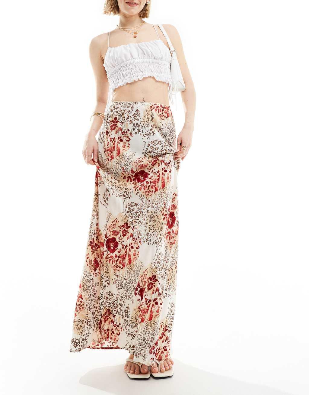 Miss Selfridge picot trim bias maxi skirt in patchwork print Product Image