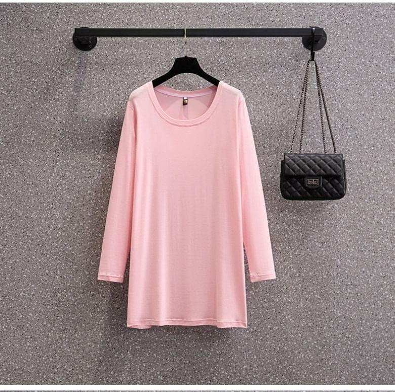 Plus Size Long-Sleeve Round Neck Plain T-Shirt Product Image