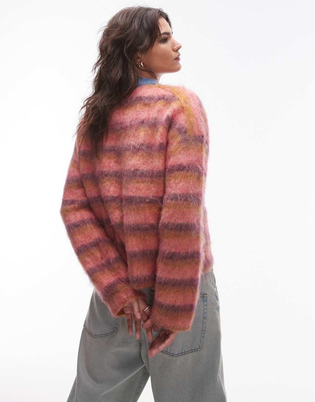 Topshop knitted ultra fluffy relaxed sweater in pink ochre and purple stripe Product Image