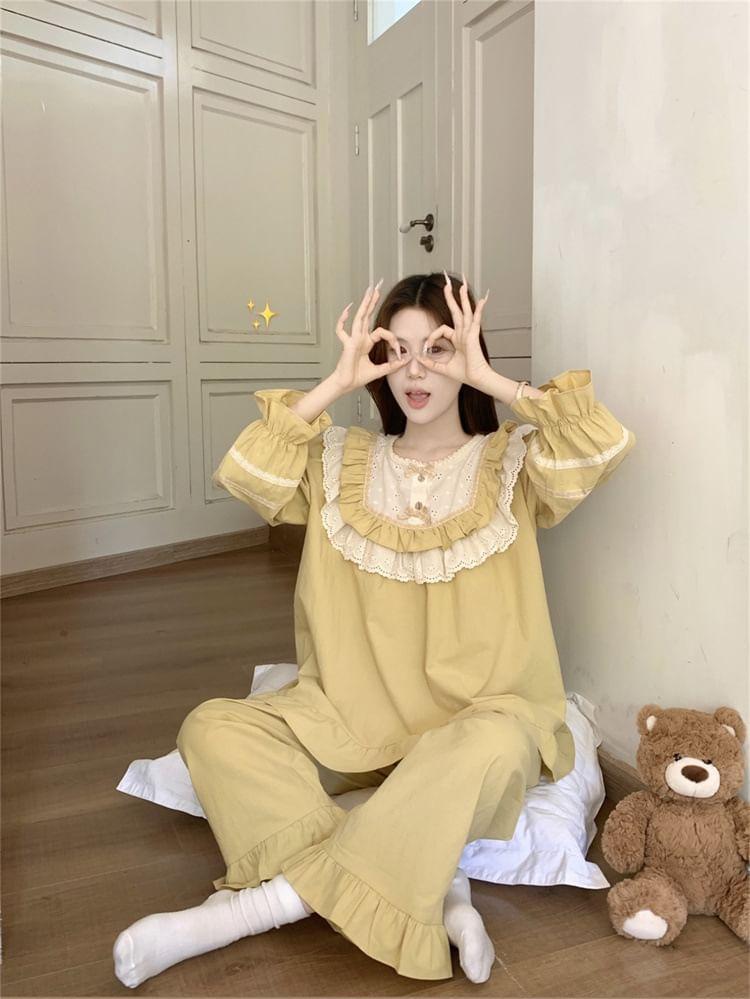 Pajama Set: Long-Sleeve Eyelet Lace Panel Ruffled Shirt + Pants Product Image