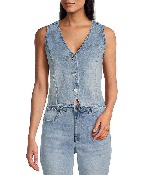 Reba V-Neck Sleeveless Button Front Denim Vest Product Image