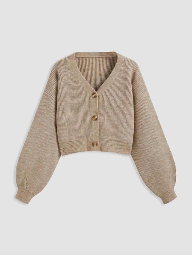 Knit V-neck Solid Button Crop Cardigan Product Image