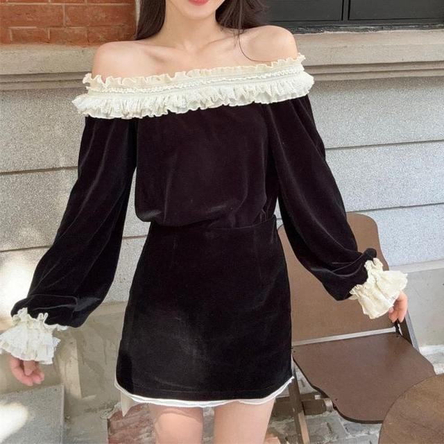 Long Sleeve Off Shoulder Two Tone Ruffle Panel Velvet Top / High Waist Mini A-Line Skirt Product Image