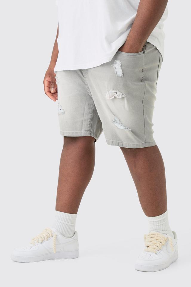 Plus Stretch Denim Distressed Skinny Fit Shorts In Light Grey | boohooMAN USA Product Image