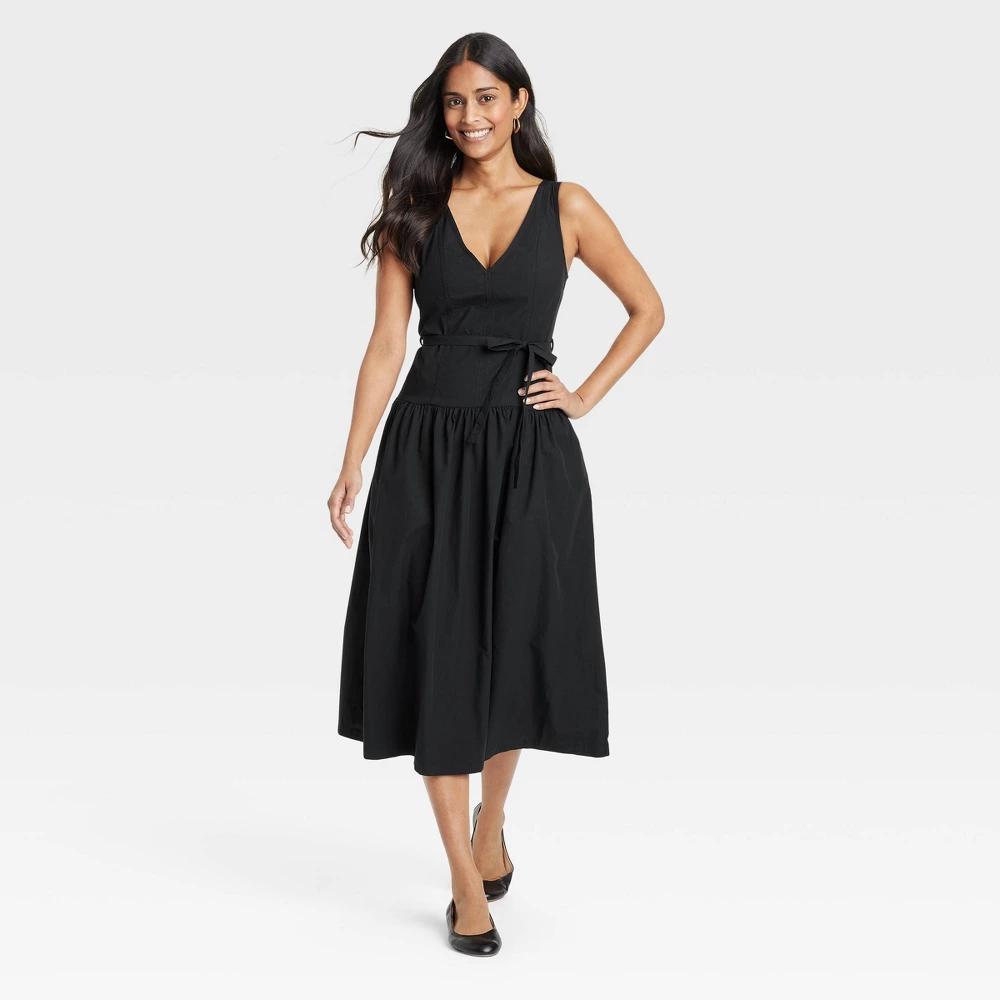 Womens Tie-Waist Midi A-Line Dress - Universal Thread Black M Product Image