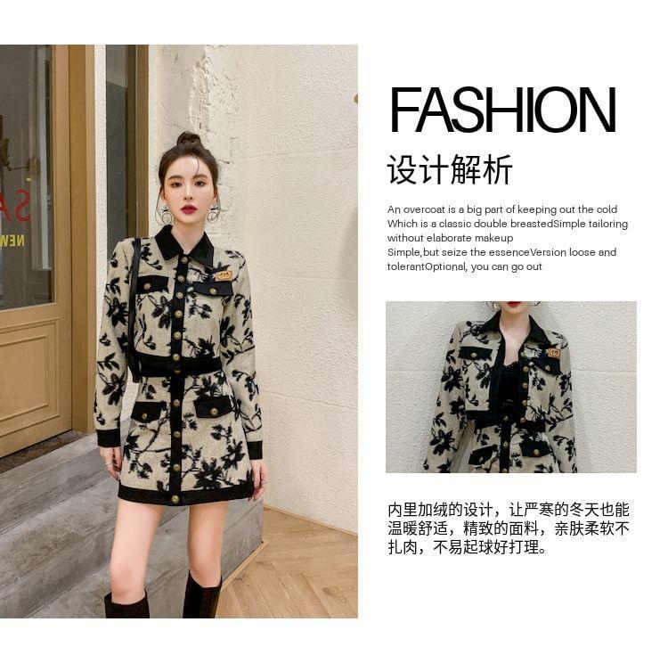 Set: Collared Jacquard Button-Up Crop Jacket + Mini Skirt Product Image