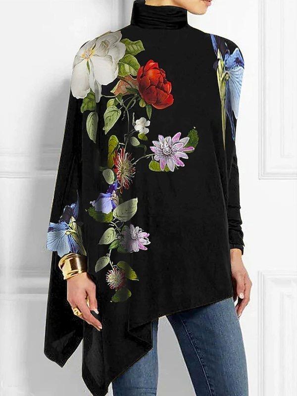 Irregularity Long Sleeves Flower Print High Neck T-Shirts Tops Product Image