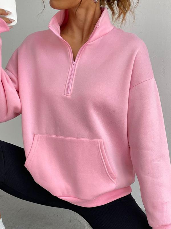 Long Sleeves Loose Pockets Split-Joint Zipper Stand Collar Sweatshirt Tops Product Image