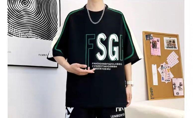 Set: 3/4-Sleeve Crew Neck Lettering Print T-Shirt + Drawstring Waist Wide Leg Sweat Shorts product image