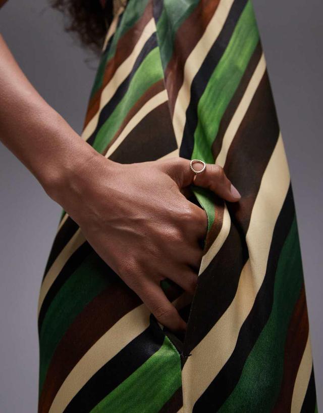 Topshop satin maxi bandeau in green stripe print Product Image