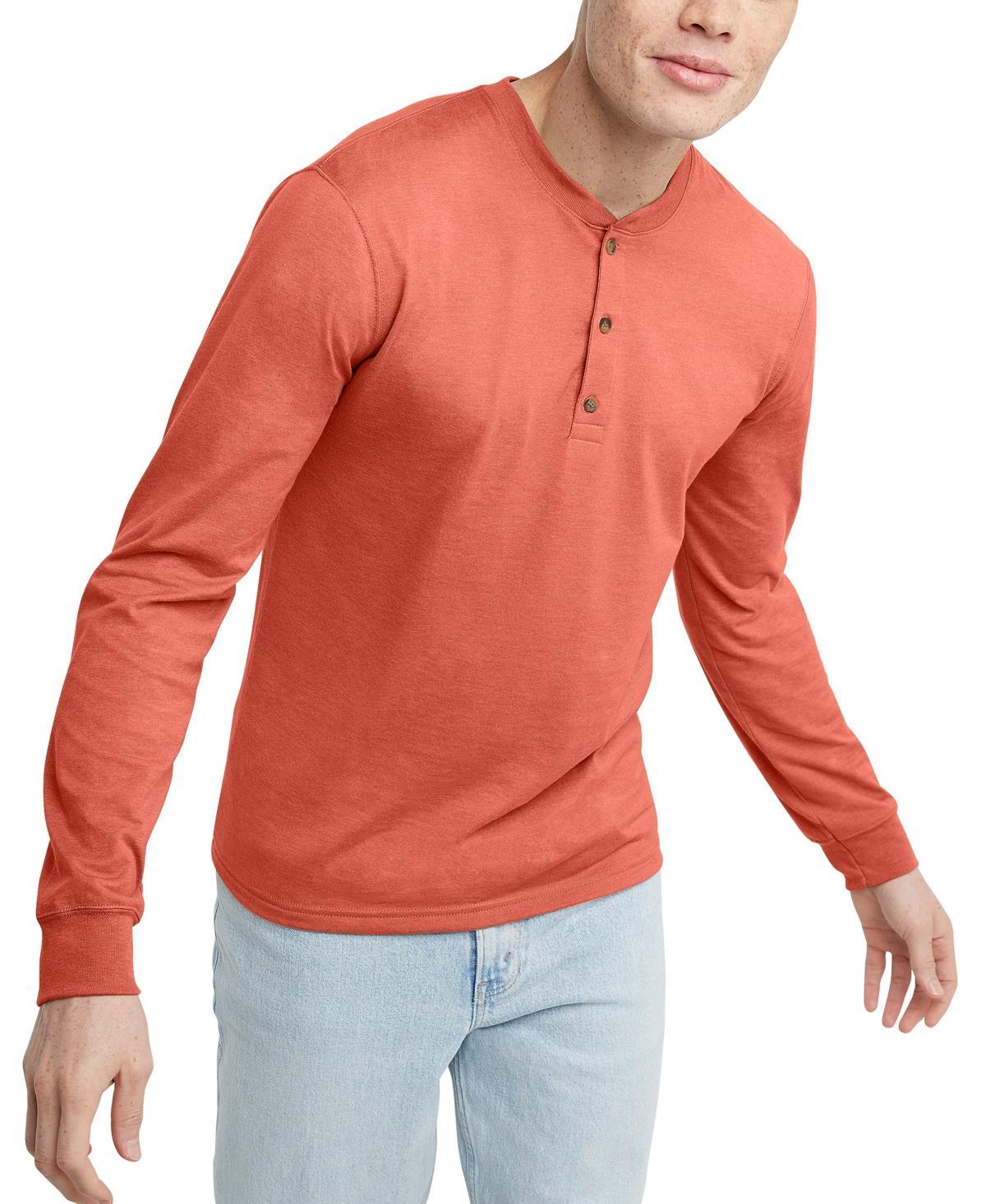 Hanes Originals Mens Cotton Long Sleeve Henley T-Shirt Red River Clay 3XL Product Image