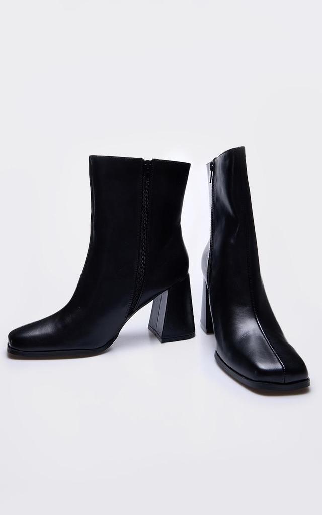 Black Wide Fit PU Square Toe Block Heeled Ankle Boots Product Image